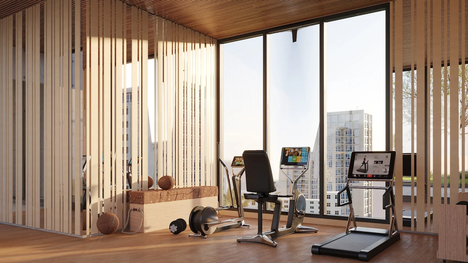 Interior contemporâneo de academia com equipamentos e luz natural; imagem ilustrativa.